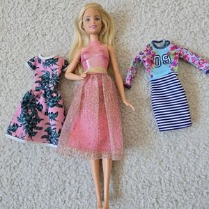 Barbie Lot Pink Sparkle Gown Doll with 2 Fashion Dresses